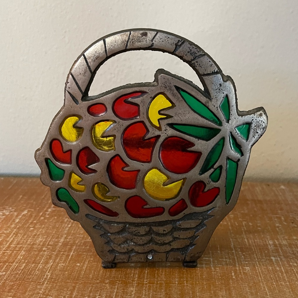 Vintage  Metal Cast Stained Glass Basket Napkin Letter Holder Ornate